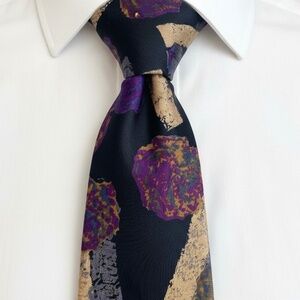 Bally 100% Silk Abstract Print Tie Black Purple Gold Designer Luxury